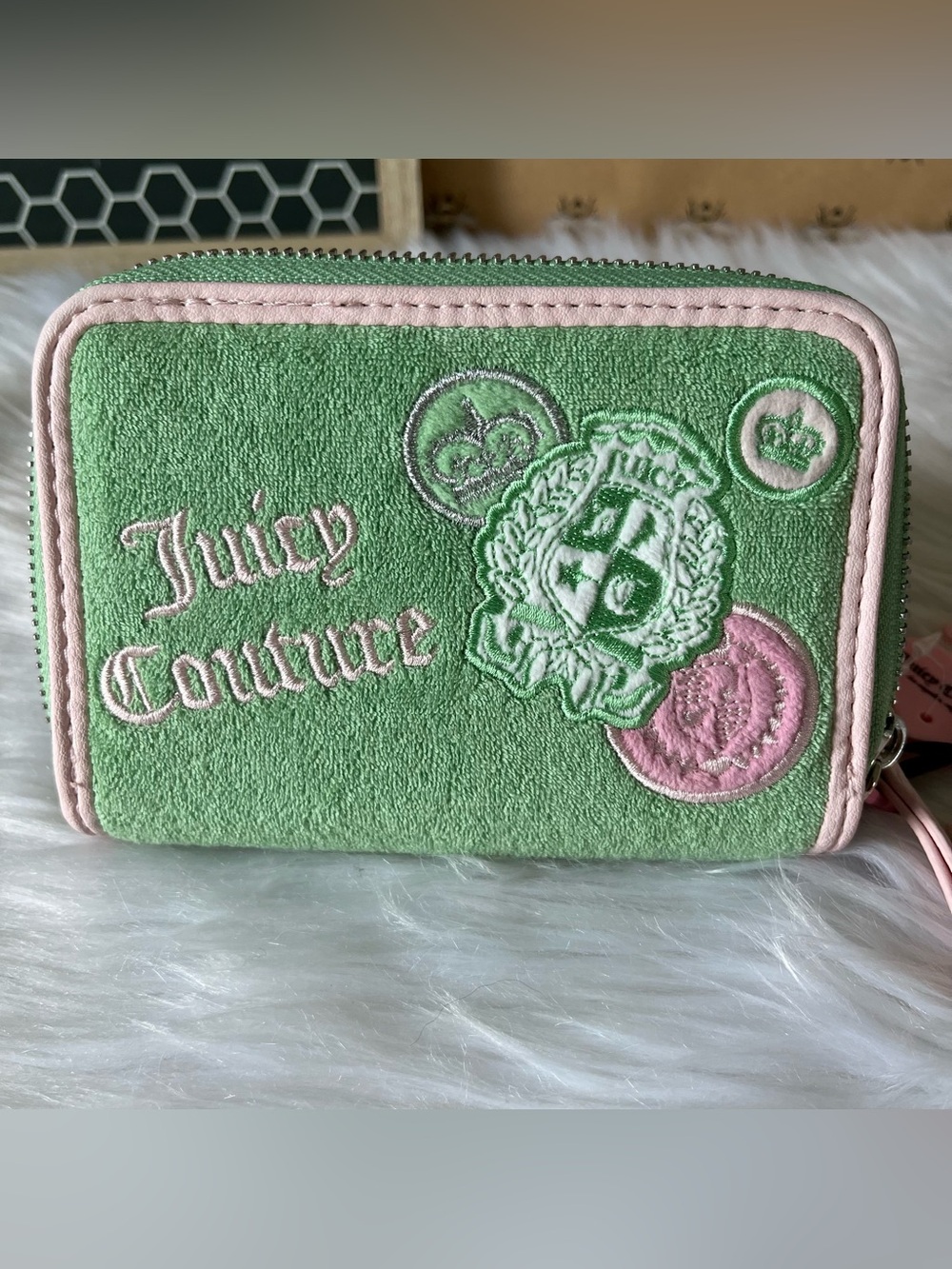 NWT Juicy Couture Girl Rule Medium Double Zip Around Wallet - Retro Green & Pink